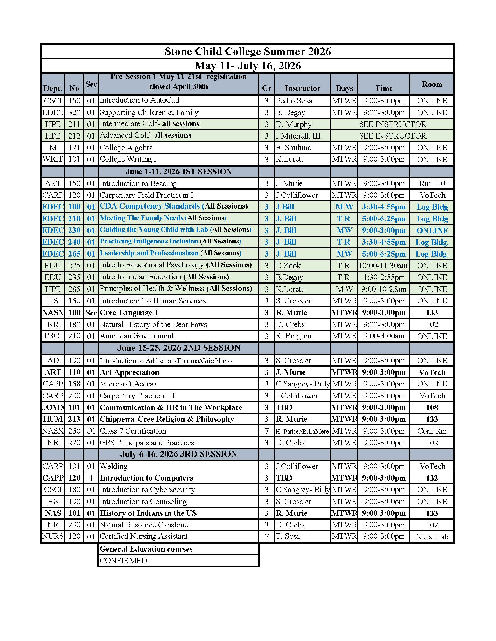 Updated Summer Schedule 2026